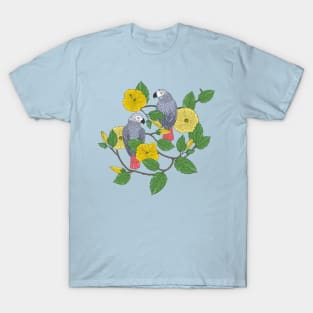 African Grey Parrots and Yellow Flowers T-Shirt